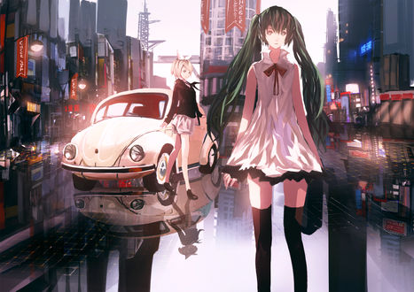Обои на рабочий стол Vocaloid Hatsune Miku / Вокалоиды Хатсуне Мику и Kagamine Rin / Кагамине Рин идут по городу