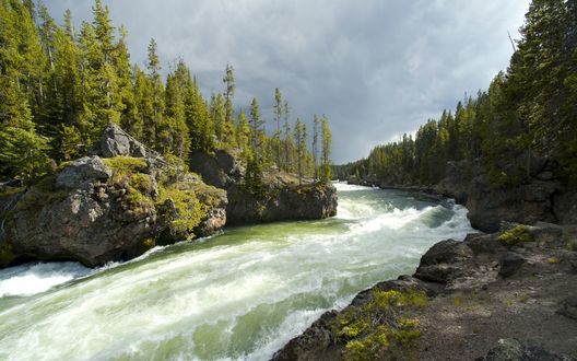 Обои на рабочий стол Быстрая река в каменистой местности, с растущими по бокам деревьями