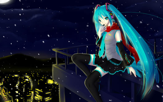 Обои на рабочий стол Vocaloid Hatsune Miku / Вокалоид Хатсуне Мику сидит на крыше на фоне ночного неба