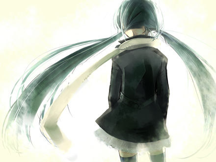Обои на рабочий стол Vocaloid Hatsune Miku / Вокалоид Хатсуне Мику стоит спиной на белом фоне