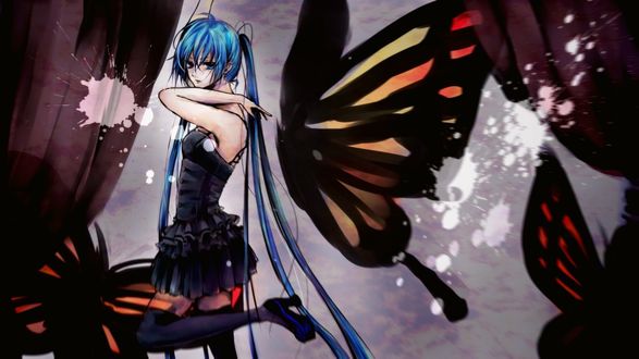 Обои на рабочий стол Vocaloid Hatsune Miku / Вокалоид Хатсуне Мику стоит на фоне бабочек
