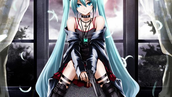 Обои на рабочий стол Vocaloid Hatsune Miku / Вокалоид Хатсуне Мику сидит, держа в руке пистолет на фоне большого окна