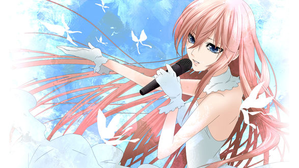 Обои на рабочий стол Vocaloid Megurine Luka / Вокалоид Мегуринэ Лука в белом платье поет, держа в руке микрофон, протягивая руку к белым бабочкам в голубом небе