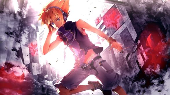 Обои на рабочий стол Вокалоид Кагамине Лен / vocaloid Kagamine Len в наушниках прыгает на фоне серого города