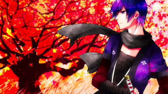 Обои на рабочий стол Vocaloid Shion Kaito / Вокалоид Шион Кайто в шарфе стоит на фоне осеннего дерева и падающих красных листьев