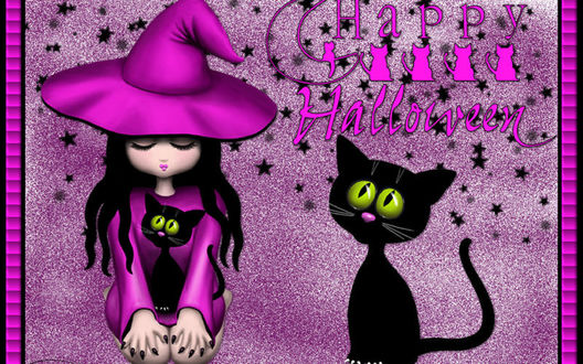 Обои на рабочий стол Ведьмочка сидит рядом с черной кошкой (Happy Halloween / Счастливого Хэллоуина)