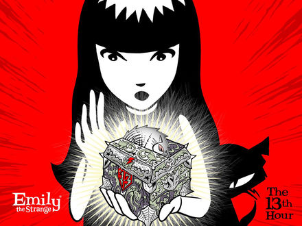 Обои на рабочий стол Эмели / Emily со светящейся шкатулкой в руке и Mystery / Тайна из комикса Emily the Strange / Странная Эмели (The 13th Hour)