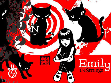 Обои на рабочий стол Эмели / Emily, Sabbath / Суббота, Miles / Миль, Nee Chee / Ни Чи и Mystery / Тайна из комикса Emily the Strange / Странная Эмели