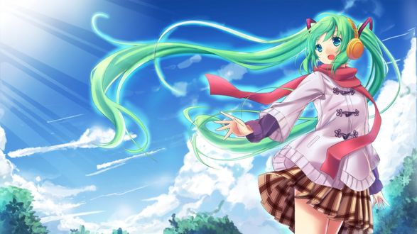 Обои на рабочий стол Vocaloid Hatsune Miku / Вокалоид Хатсуне Мику в наушниках стоит на фоне голубого неба