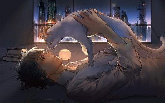 Обои на рабочий стол Когами Шинья / Shinya Kogami из аниме Психопаспорт / PSYCHO-PASS держит кошку