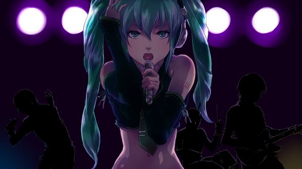 Обои на рабочий стол Vocaloid Hatsune Miku / Вокалоид Хатсуне Мику приложив руку к голове, держит в руке микрофон