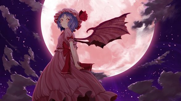 Обои на рабочий стол Ремилия Скарлет / Remilia Scarlet из игры Touhou Project / Проект Восток / Тохо на фоне ночного неба и луны