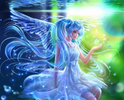 Обои на рабочий стол Vocaloid Hatsune Miku / Вокалоид Хатсуне Мику с ангельскими крыльями за спиной под водой