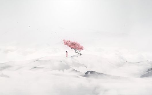 Обои на рабочий стол Девушка стоит у цветущей сакуры розовым цветом