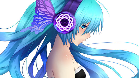 Обои на рабочий стол Vocaloid Hatsune Miku / Вокалоид Хатсуне Мику в наушниках на белом фоне