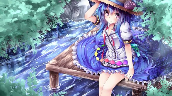 Обои на рабочий стол Hina Nawi Tenshi сидит на мостике, опустив ноги в воду, среди зеленных кустов из игры Touhou / Проект Восток