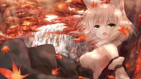 Обои на рабочий стол Inubashiri Momiji / Инабушири Момидзи из игры Tohou Project / Проект Восток сидит под падающими кленовыми листьями, прислонившись к стволу дерева