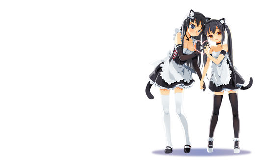Обои на рабочий стол Mio Akiyama & Azusa Nakano / Акияма Мио и Накано Адзуса в костюмах горничных с неко-ушками и хвостиками сложили руки сердечком, стоя на белом фоне