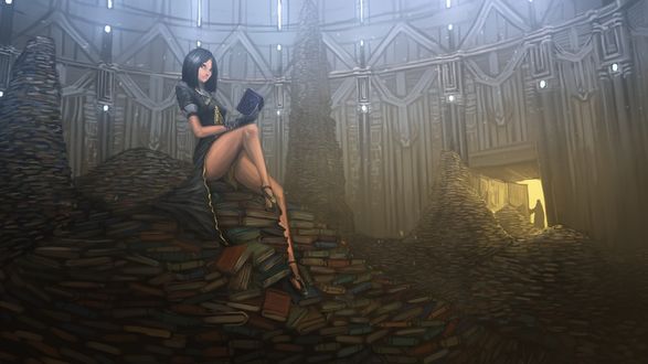 Обои на рабочий стол Девушка читает книгу, сидя на куче книг