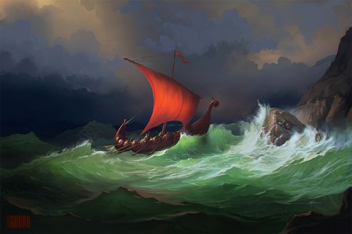 Обои на рабочий стол Парусник в бушующем море, художник под ником RHADS