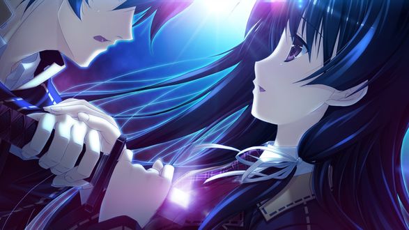 Обои на рабочий стол Парень держит катану, проходящую сквозь темноволосую девушку