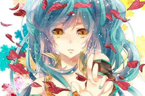 Обои на рабочий стол Плачущая Vocaloid Hatsune Miku / Вокалоид Хатсуне Мику протягивает вперед руку, стоя под падающими лепестками