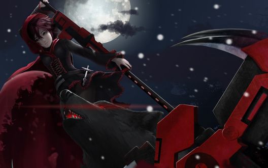 Обои на рабочий стол Руби Роуз / Ruby Rose из манги Красный, белый, черный, желтый / RWBY в черном платье стоит рядом с черным волком, держа в руке оружие на фоне полной луны