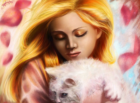 Обои на рабочий стол Светловолосая девушка держит на руках белую кошку, by Marfyta
