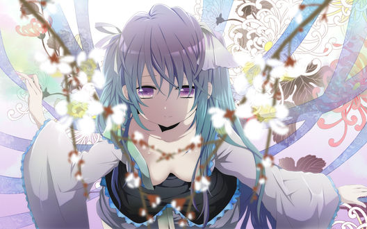 Обои на рабочий стол Vocaloid Hatsune Miku / Вокалоид Хатсуне Мику, одетая в кимоно, стоит под цветущими ветками