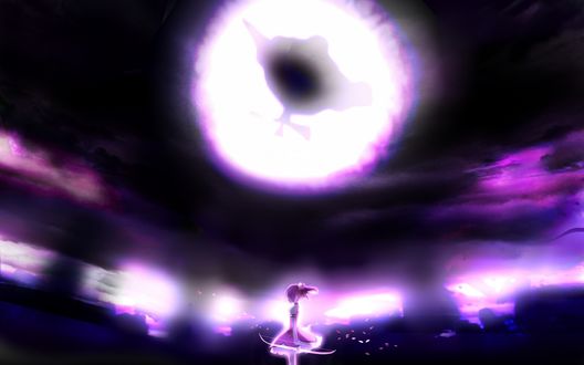 Обои на рабочий стол Мадока Канамэ / Madoka Kaname из аниме Девочка-волшебница Мадока Магика / Mahou Shoujo Madoka Magica стоит держа в руке лук, среди яркого света и лепестков сакуры