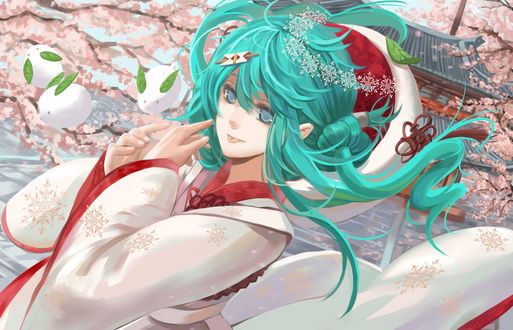 Обои на рабочий стол Vocaloid Hatsune Miku / Вокалоид Хатсуне Мику, одетая в кимоно, высунула язык