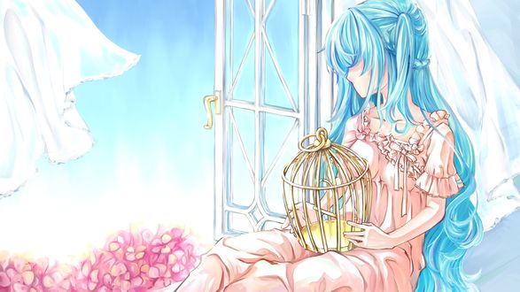 Обои на рабочий стол Vocaloid Hatsune Miku / Вокалоид Хатсуне Мику сидит на подоконнике с пустой клеткой в руках