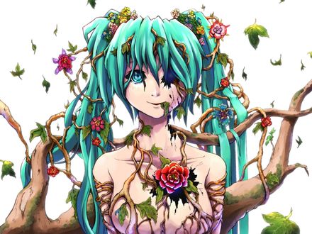 Обои на рабочий стол Vocaloid Hatsune Miku / Вокалоид Хатсуне Мику, из которой растут ветки с цветами, обвивающие ее тело