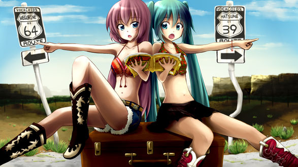Обои на рабочий стол Vocaloid / Вколоиды Hatsune Miku / Хатсуне Мику и Megurine Luka / Мегурине Лука держат путеводитель в руках, сидя на чемодане и показывая руками в разном направлении