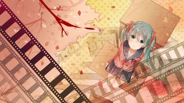Обои на рабочий стол Vocaloid Hatsune Miku / Вокалоид Хатсуне Мику со слезами на глазах сидит на лавочке возле школьной парты
