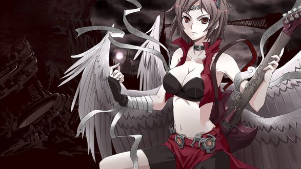 Обои на рабочий стол Vocaloid Meiko / Вокалоид Мэйко с крыльями за спиной с гитарой в руке