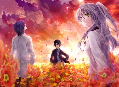 Обои на рабочий стол Канадэ Татибана / Kanade Tachibana, Аято Наои / Naoi Ayato и Хидэки Хината / Hideki Hinata из аниме Ангельские ритмы! / Angel Beats! стоят среди цветов на фоне заката