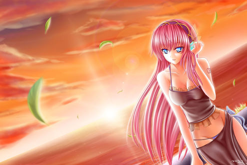 Обои на рабочий стол Vocaloid Megurine Luka / Вокалоид Мегурине Лука в наушниках на голове стоит, облокотившись на перила моста, на фоне заката