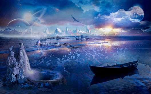 Обои на рабочий стол Стоящая в прибрежной морской воде, покрытой тонким слоем льда, деревянная лодка, возле которой находятся скальные образования из льда с огромной воронкой на фоне ярко светящегося из-за туч солнца, появившихся на небе планет, летящей в небе огромной птицы, фотография Nataliorion