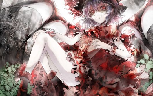 Обои на рабочий стол Remilia Scarlet / Ремилия Скарлет  с красными глазами сидит, смотря вперед, игра Touhou