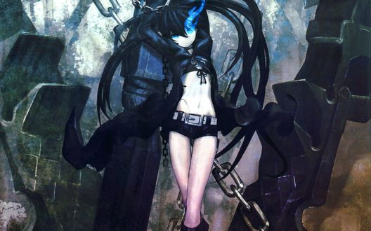 Обои на рабочий стол Мато Курой / Mato Kuroi из аниме Стрелок с Черной скалы / Black Rock Shooter стоит на фоне цепей