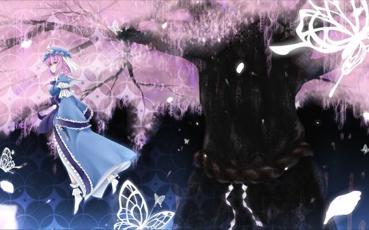 Обои на рабочий стол Ююко Сайгдези / Yuyuko Saigyouji из игры Тохо / Проект Восток / Touhou Project идет на фоне большого дерева сакуры
