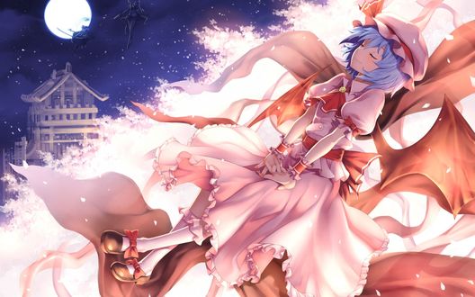 Обои на рабочий стол Ремилия Скарлет / Remilia scarlet из игры Тохо / Проект восток / Touhou Project лежит на ветке дерева на фоне дома и полной луны