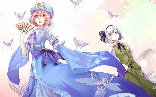 Обои на рабочий стол Ююко Сайгедзи / Yuyuko Saigyouji и Ему Конпаку / Yomu Konpaku из игры Тохо / Проект Восток / Touhou Project стоят среди бабочек