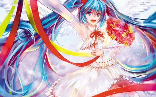 Обои на рабочий стол Vocaloid Hatsune Miku / Вокалоид Хатсуне Мику в белом платье держит в руке букет роз