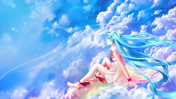 Обои на рабочий стол Vocaloid Hatsune Miku / Вокалоид Хатсуне Мику сидит на радуге, смотря в небо