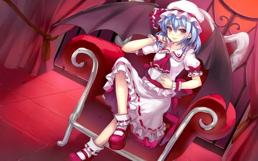 Обои на рабочий стол Ремилия Скарлет / Remilia Scarlet из игры Тохо / Проект восток / Touhou Project сидит в кресле