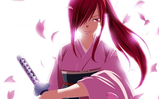 Обои на рабочий стол Эльза Скарлет / Erza Scarlet в кимоно держит в руке катану среди лепестков сакуры из аниме Хвост феи / Fairy tail