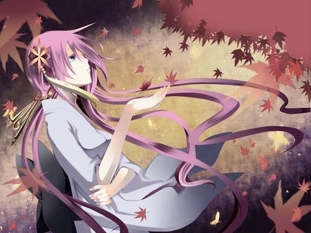 Обои на рабочий стол Vocaloid Megurine Luka in autumn / Вокалоид Мегурине Лука в кимоно, осенью, ловит на руку падающие листья, вокруг летают золотые бабочки