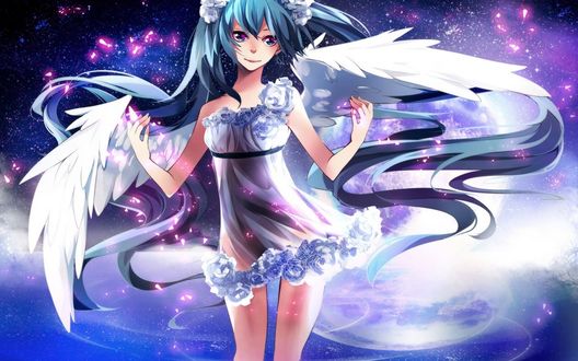 Обои на рабочий стол Vocaloid Hatsune Miku / Вокалоид Хатсуне Мику в платье с крыльями ангела стоит на фоне неба